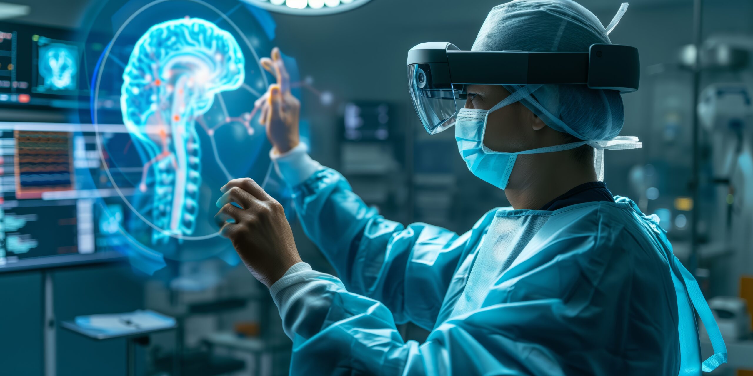 A medical professional in a surgical gown uses a VR headset to interact with a 3D brain rendering in a high-tech operating room, indicating medical education